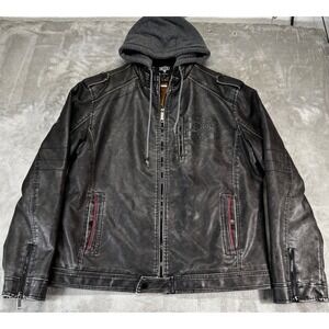 Hood Crew Faux Leather Jacket Mens XL Black Distressed Sherpa Lined Hooded‎